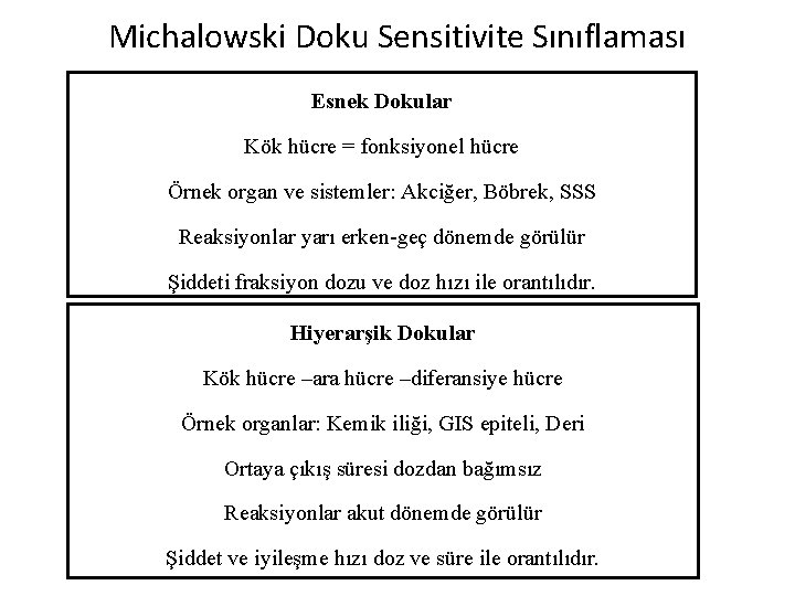 Michalowski Doku Sensitivite Sınıflaması Esnek Dokular Kök hücre = fonksiyonel hücre Örnek organ ve