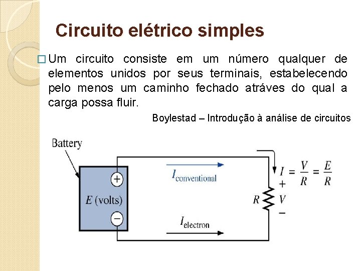 Circuito elétrico simples � Um circuito consiste em um número qualquer de elementos unidos