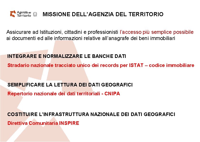 MISSIONE DELL’AGENZIA DEL TERRITORIO Assicurare ad Istituzioni, cittadini e professionisti l’accesso più semplice possibile