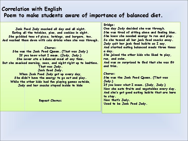 Correlation with English Poem to make students aware of importance of balanced diet. Junk