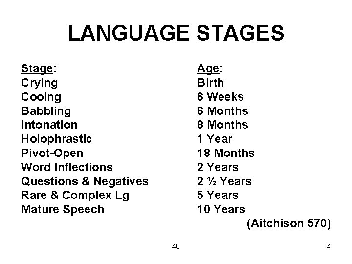 LANGUAGE STAGES Stage: Crying Cooing Babbling Intonation Holophrastic Pivot-Open Word Inflections Questions & Negatives