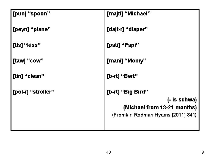 [pun] “spoon” [majtl] “Michael” [peyn] “plane” [dajt-r] “diaper” [t. Is] “kiss” [pati] “Papi” [taw]