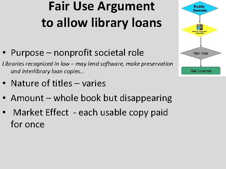 Fair Use Argument to allow library loans • Purpose – nonprofit societal role Libraries