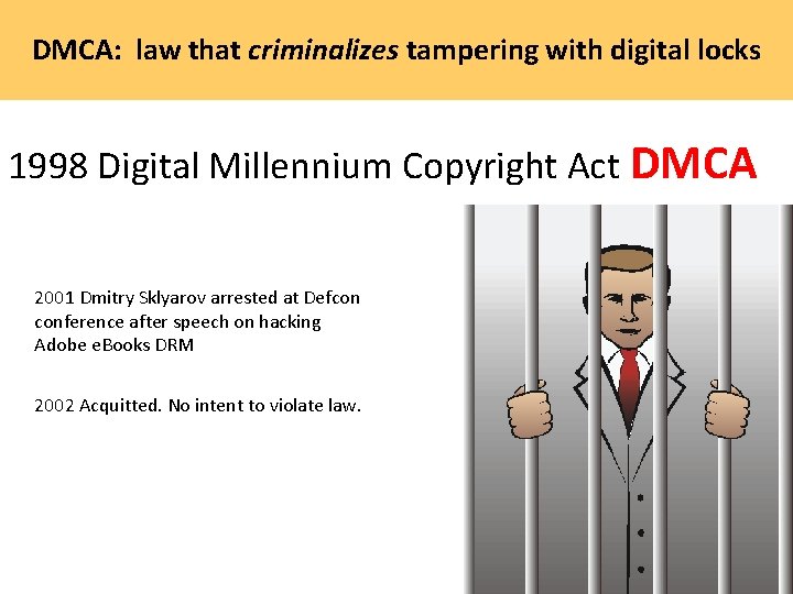 DMCA: law that criminalizes tampering with digital locks 1998 Digital Millennium Copyright Act DMCA