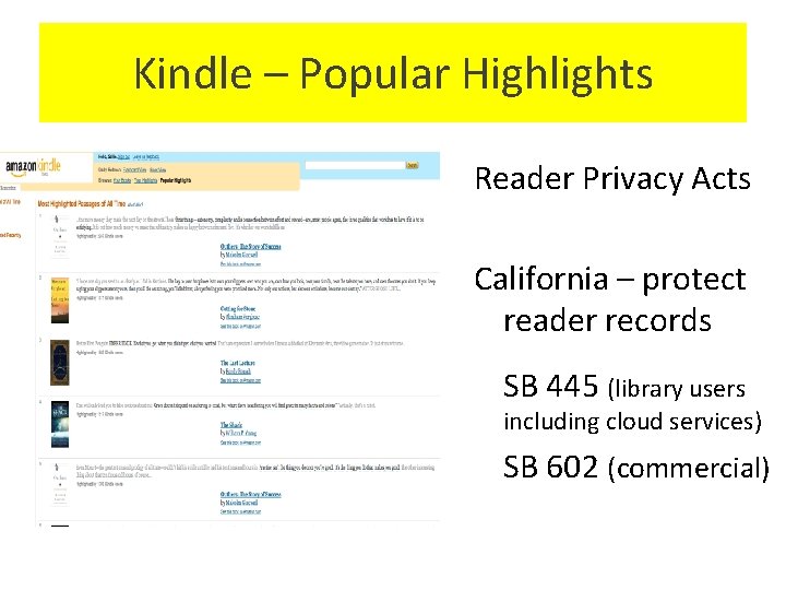 Kindle – Popular Highlights Reader Privacy Acts California – protect reader records SB 445