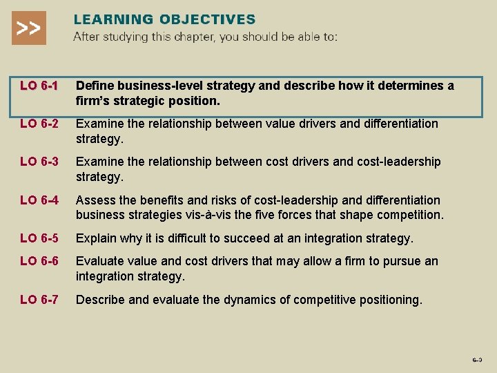 LO 6 -1 Define business-level strategy and describe how it determines a firm’s strategic