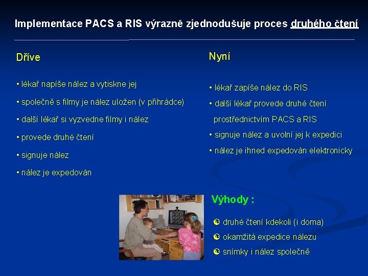 Implementace PACS a RIS výrazně zjednodušuje proces druhého čtení Dříve Nyní • lékař napíše