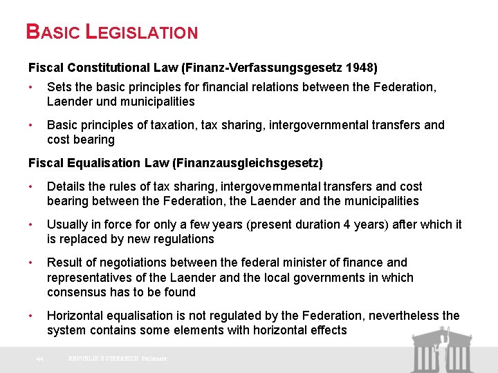 BASIC LEGISLATION Fiscal Constitutional Law (Finanz-Verfassungsgesetz 1948) • Sets the basic principles for financial