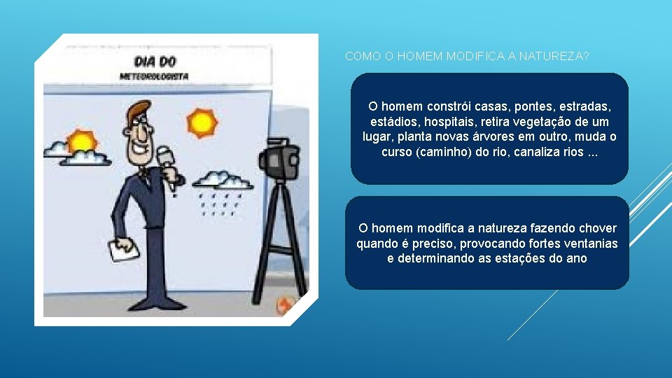 COMO O HOMEM MODIFICA A NATUREZA? O homem constrói casas, pontes, estradas, estádios, hospitais,