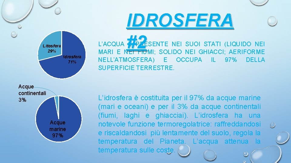 IDROSFERA #2 Litosfera 29% Idrosfera 71% Acque continentali 3% Acque marine 97% L’ACQUA È