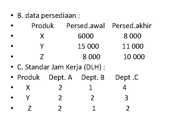  • B. data persediaan : • Produk Persed. awal Persed. akhir • X