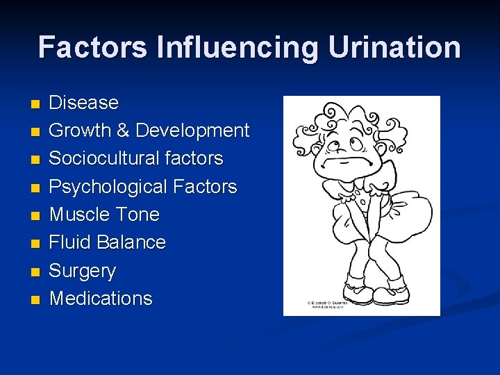 Factors Influencing Urination n n n n Disease Growth & Development Sociocultural factors Psychological