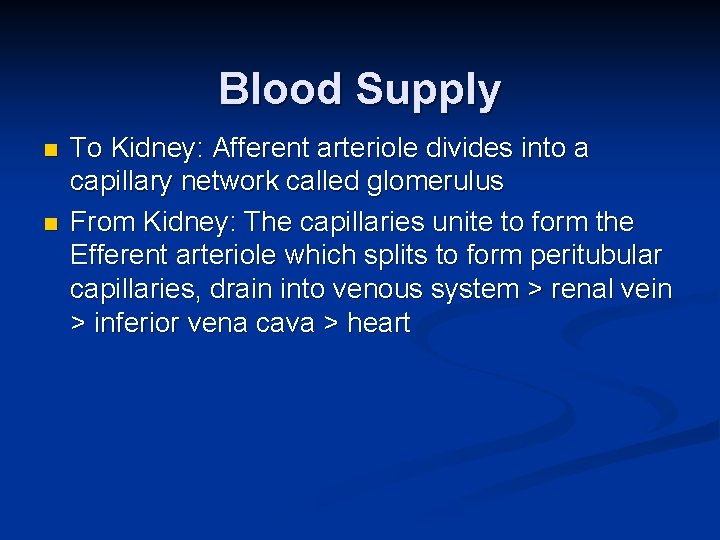 Blood Supply n n To Kidney: Afferent arteriole divides into a capillary network called