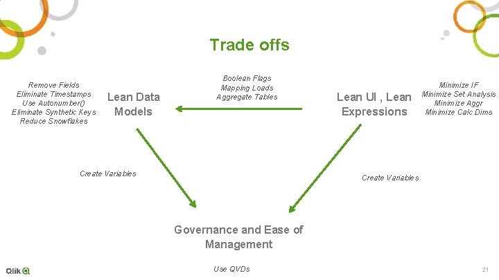 Trade offs Remove Fields Eliminate Timestamps Use Autonumber() Eliminate Synthetic Keys Reduce Snowflakes Lean