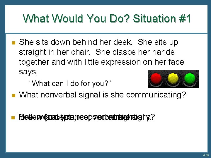 What Would You Do? Situation #1 n She sits down behind her desk. She