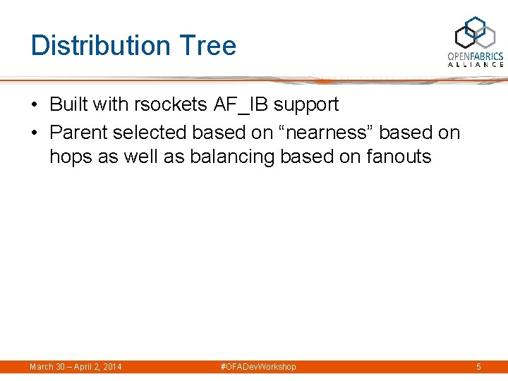 Distribution Tree • Built with rsockets AF_IB support • Parent selected based on “nearness”