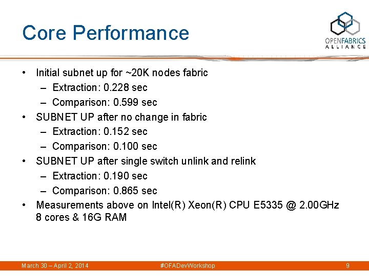 Core Performance • Initial subnet up for ~20 K nodes fabric – Extraction: 0.