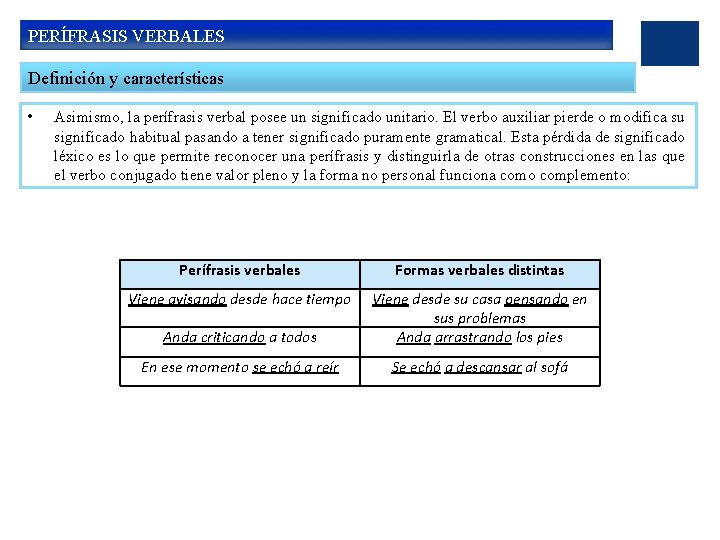 PERÍFRASIS VERBALES Definición y características • Asimismo, la perífrasis verbal posee un significado unitario.