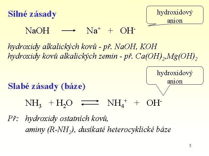 hydroxidový anion Silné zásady Na. OH Na+ + OH- hydroxidy alkalických kovů - př.