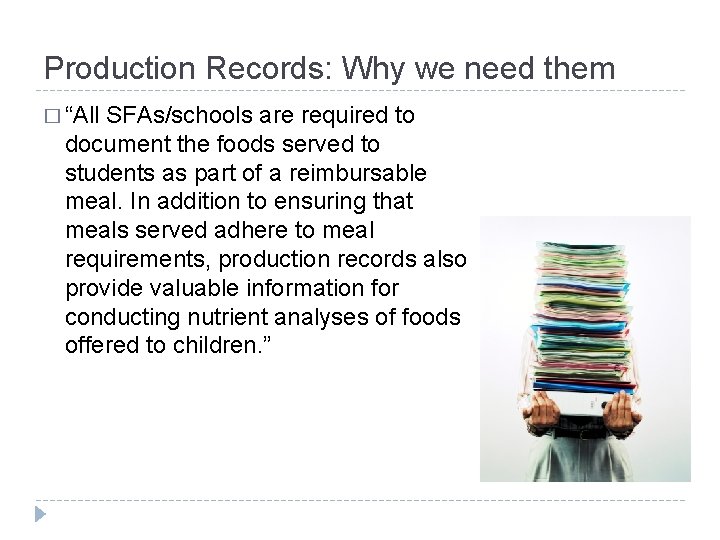 Production Records: Why we need them � “All SFAs/schools are required to document the