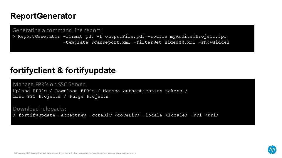 Report. Generator Generating a command line report: > Report. Generator -format pdf -f output.