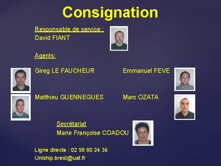 Consignation Responsable de service : David FIANT Agents: Gireg LE FAUCHEUR Emmanuel FEVE Matthieu