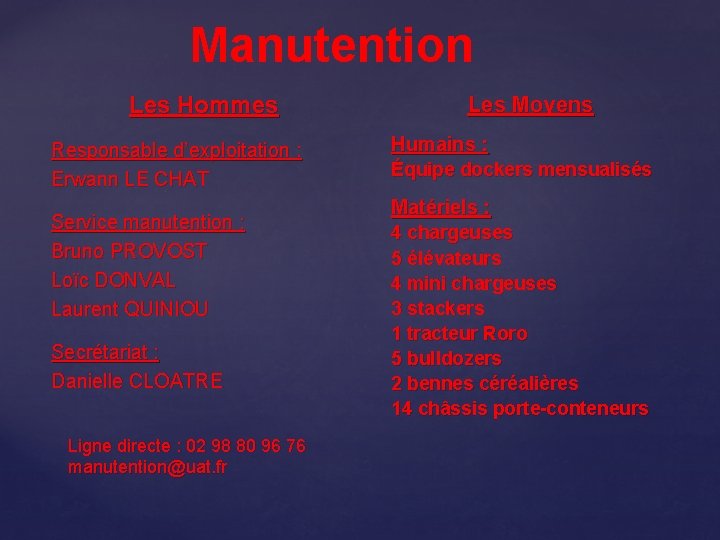 Manutention Les Hommes Responsable d’exploitation : Erwann LE CHAT Service manutention : Bruno PROVOST
