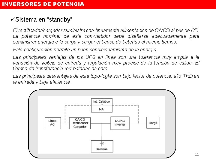 INVERSORES DE POTENCIA üSistema en “standby” El rectificador/cargador suministra con-tinuamente alimentación de CA/CD al