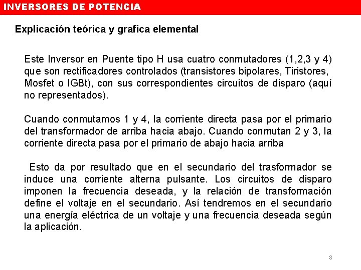 INVERSORES DE POTENCIA Explicación teórica y grafica elemental Este Inversor en Puente tipo H