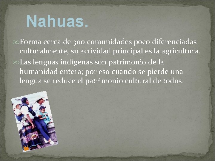 Nahuas. Forma cerca de 300 comunidades poco diferenciadas culturalmente, su actividad principal es la