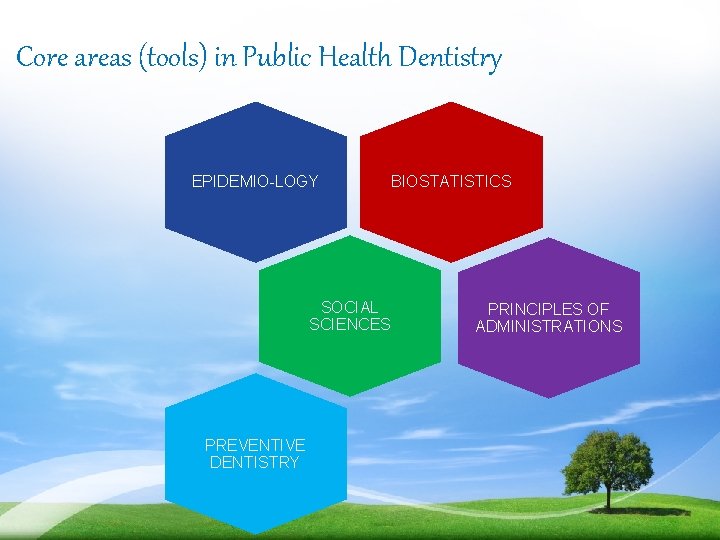 Core areas (tools) in Public Health Dentistry EPIDEMIO-LOGY SOCIAL SCIENCES PREVENTIVE DENTISTRY BIOSTATISTICS PRINCIPLES
