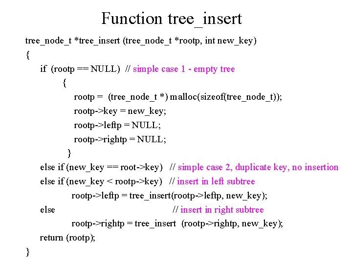 Function tree_insert tree_node_t *tree_insert (tree_node_t *rootp, int new_key) { if (rootp == NULL) //