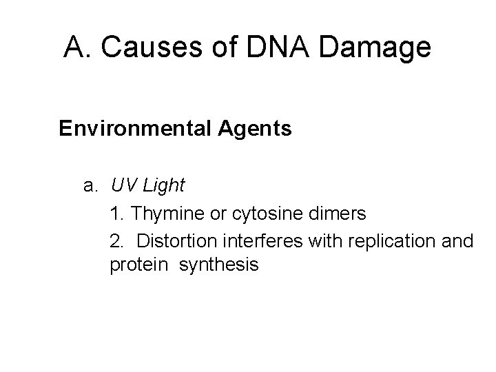 A. Causes of DNA Damage Environmental Agents a. UV Light 1. Thymine or cytosine