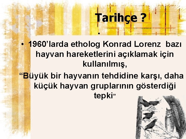 Tarihçe ? • • 1960’larda etholog Konrad Lorenz bazı hayvan hareketlerini açıklamak için kullanılmış,