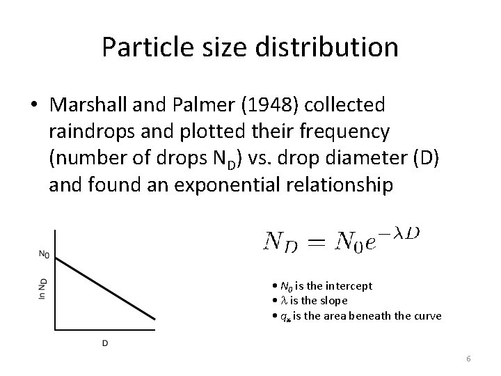 Particle size distribution • Marshall and Palmer (1948) collected raindrops and plotted their frequency