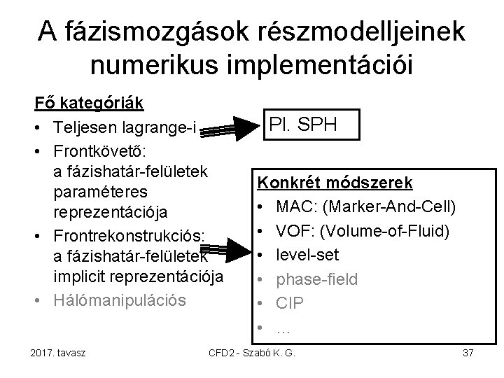 A fázismozgások részmodelljeinek numerikus implementációi Fő kategóriák • Teljesen lagrange-i • Frontkövető: a fázishatár-felületek