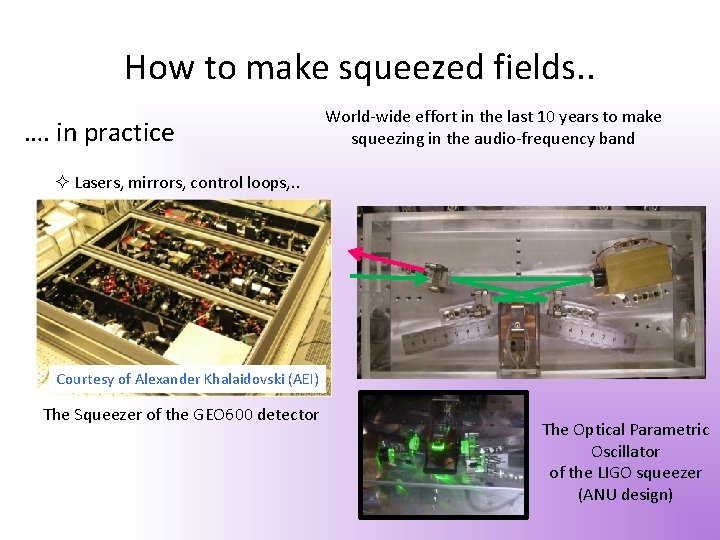 How to make squeezed fields. . …. in practice World-wide effort in the last