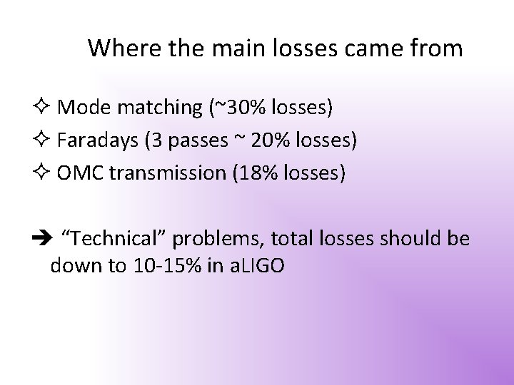 Where the main losses came from Mode matching (~30% losses) Faradays (3 passes ~