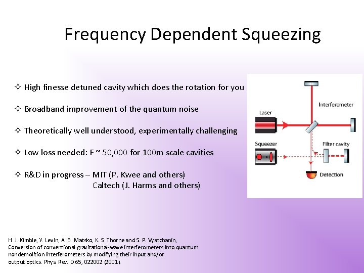 Frequency Dependent Squeezing High finesse detuned cavity which does the rotation for you Broadband