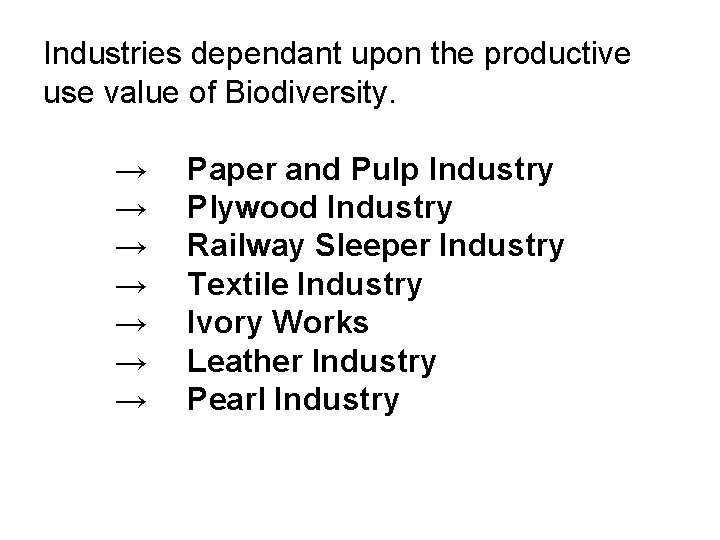 Industries dependant upon the productive use value of Biodiversity. → → → → Paper