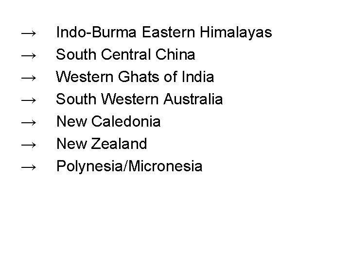 → → → → Indo-Burma Eastern Himalayas South Central China Western Ghats of India