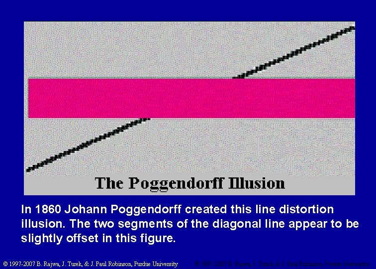 In 1860 Johann Poggendorff created this line distortion illusion. The two segments of the