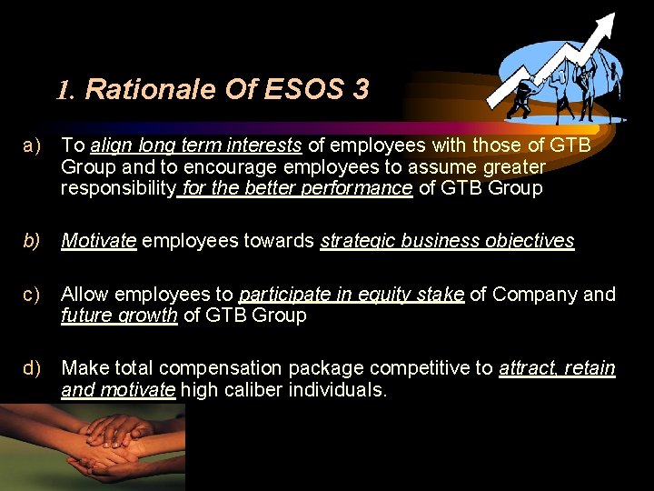 1. Rationale Of ESOS 3 a) To align long term interests of employees with