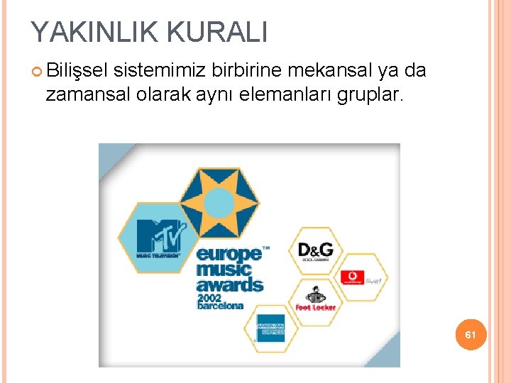 YAKINLIK KURALI Bilişsel sistemimiz birbirine mekansal ya da zamansal olarak aynı elemanları gruplar. 61