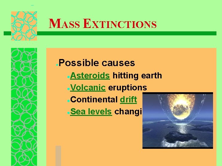 MASS EXTINCTIONS ● Possible causes Asteroids hitting earth ●Volcanic eruptions ●Continental drift ●Sea levels
