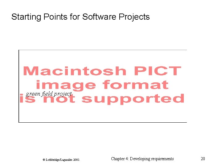 Starting Points for Software Projects green field project © Lethbridge/Laganière 2001 Chapter 4: Developing
