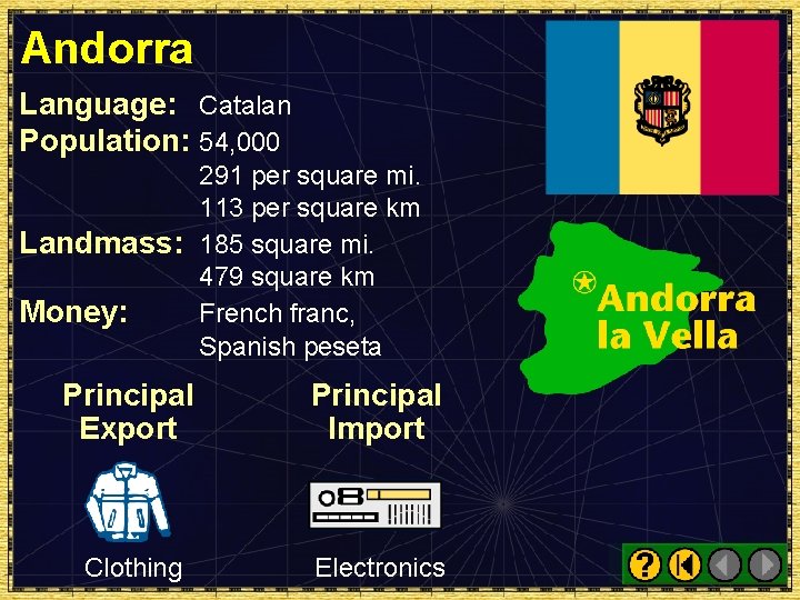 Andorra Language: Catalan Population: 54, 000 291 per square mi. 113 per square km