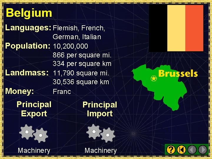 Belgium Languages: Flemish, French, German, Italian Population: 10, 200, 000 866 per square mi.