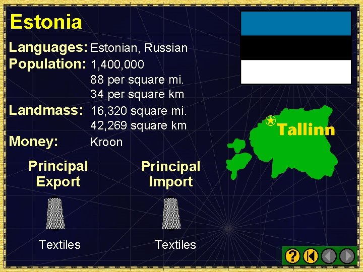 Estonia Languages: Estonian, Russian Population: 1, 400, 000 88 per square mi. 34 per