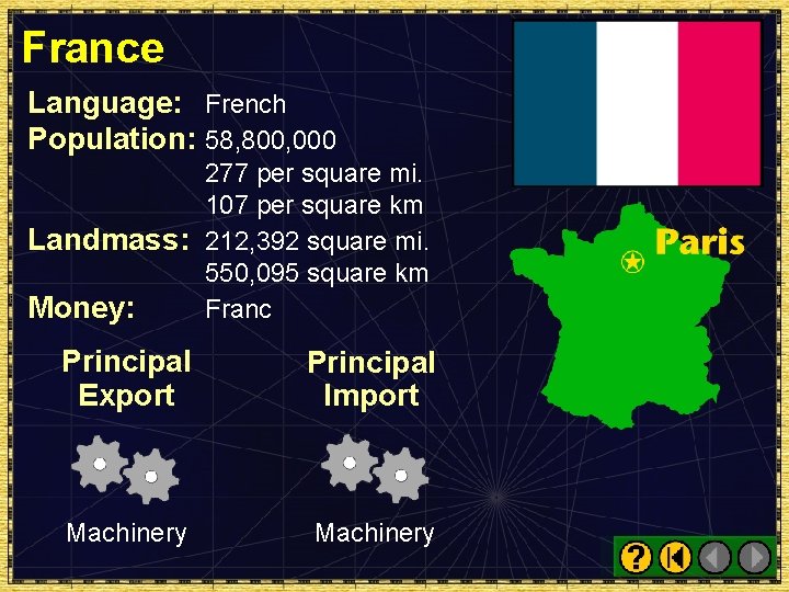 France Language: French Population: 58, 800, 000 277 per square mi. 107 per square